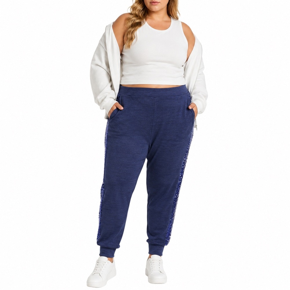 Colleen Lopez Navy Blue Sequin Side Stripe Joggers Plus Size‎ 3X High Rise Marl